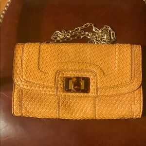 Chic Tan Woven Clutch with Chain Strap